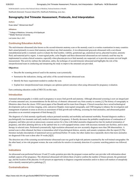 Sonography 2nd Trimester Assessment, Protocols, .